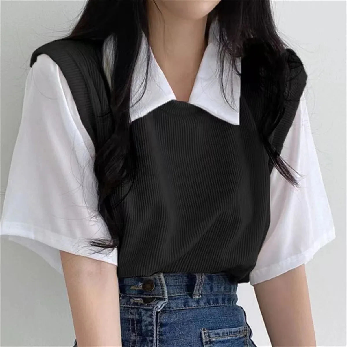 Women's Korean Style Polo Collar Blouse – Y2K False Two-Piece Loose Streetwear Top