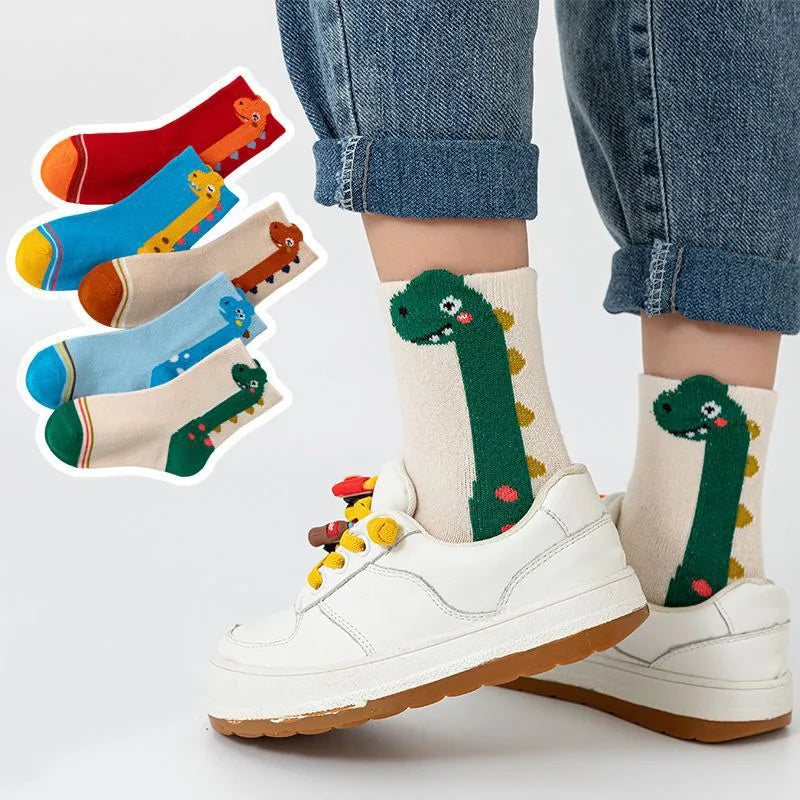 5 Pairs Kids Socks Cartoon Dinosaur Pattern Comfortable Children Socks For Boys And Girls