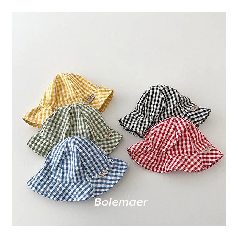 Wide Brim Summer Sun Hat For Baby Plaid Print Fisherman's Hat Children Cotton Bucket Cap For Boys Baby Girls Sunhat Kids Bonnet