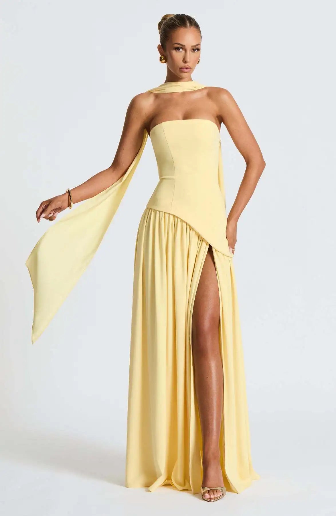 Elegant Off-shoulder Strapless Sexy Summer Party Women Gown Patchwork Pleat Scarf Neck Holiday Evening High Split Long Dresses