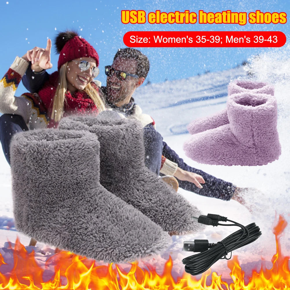 Women Men Electric Heating Shoes Washable USB Heated Shoes Comfortable Plush Snow Boots Washable Foot Warmer Slipper for Winter