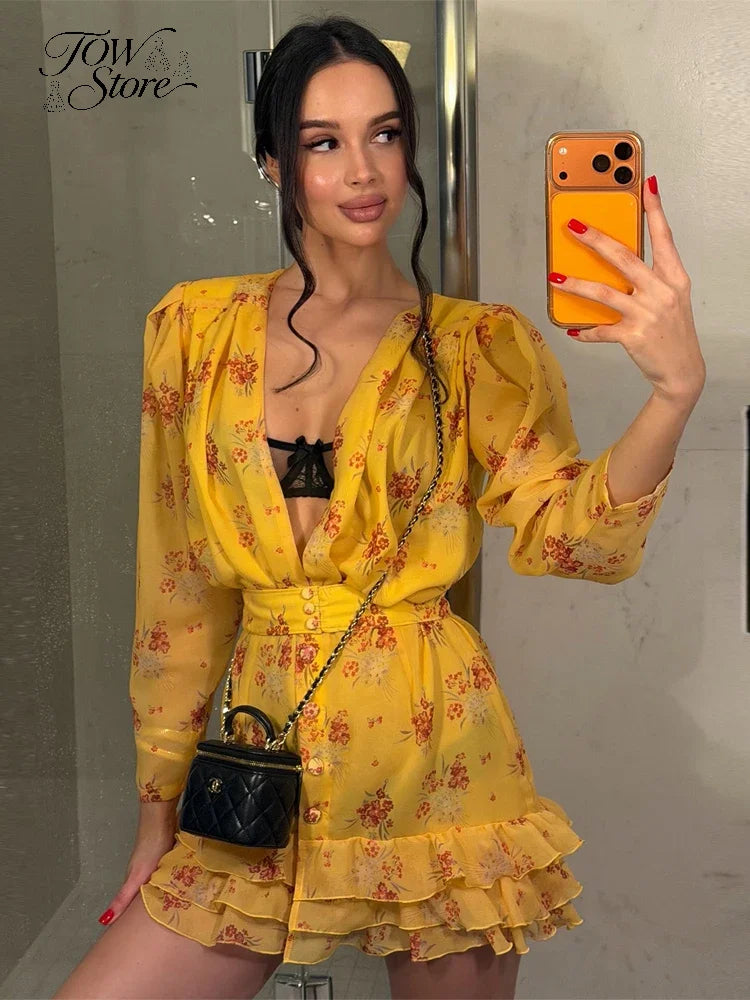 Elegant Print Low-cut Ruffle Short Dress Women V-neck Short-sleeved Waist Cinching Pleated Mini Dresses Casual Party Vestidos