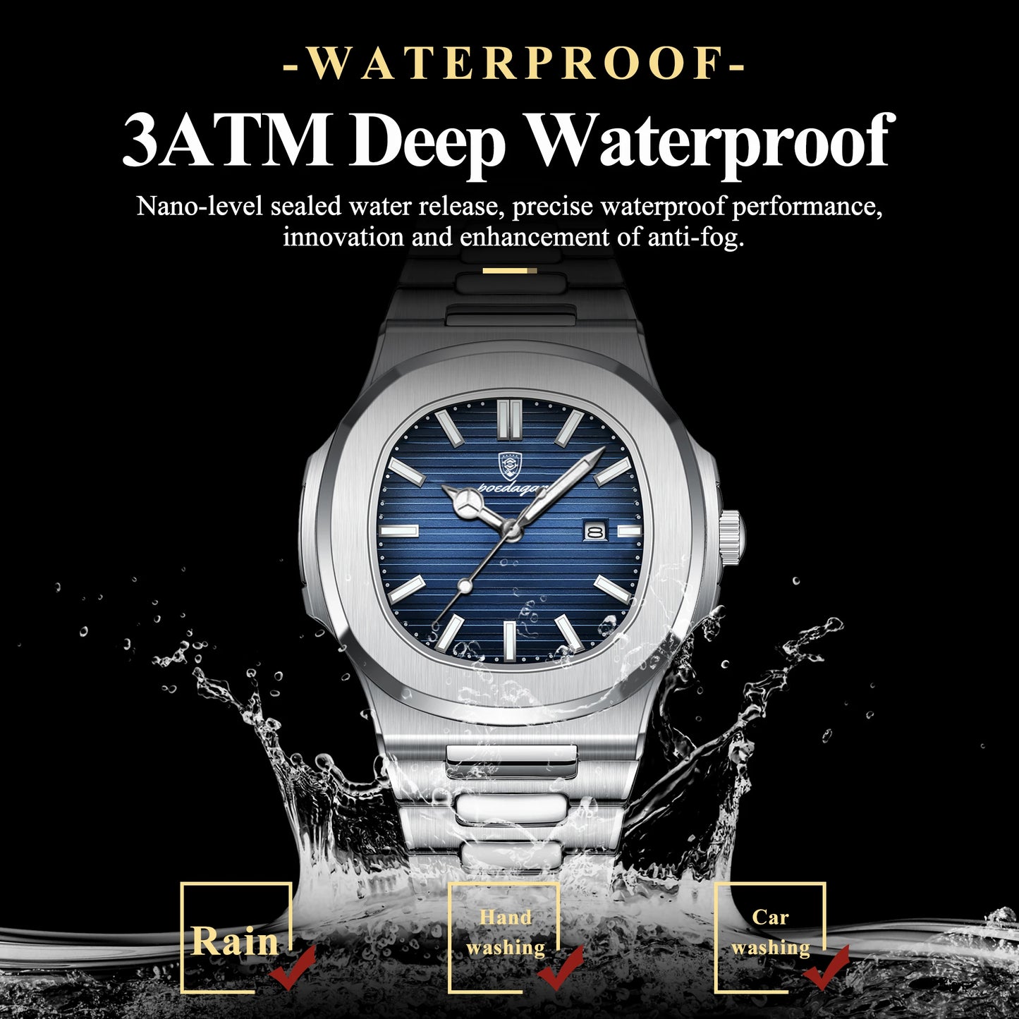 POEDAGAR Luxury Square Men Wristwatch Waterproof Luminous Date Stainless Steel Sports Male Clock Business Quartz Watches For Men