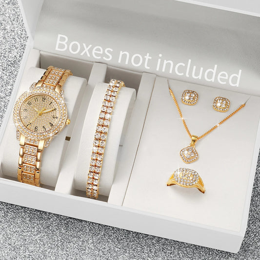 6-Piece Diamond Women's Watch & Jewelry Set – Gold Steel Quartz Gift Set