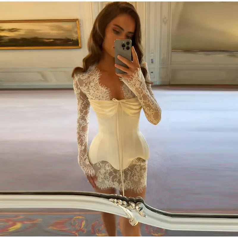 Lace Sheer Sweetheart Neck Maxi Dress Long Sleeve Corset Waist Mermaid Hem Bridal Gown 2026 Summer Elegant Form-Fitting Dresses