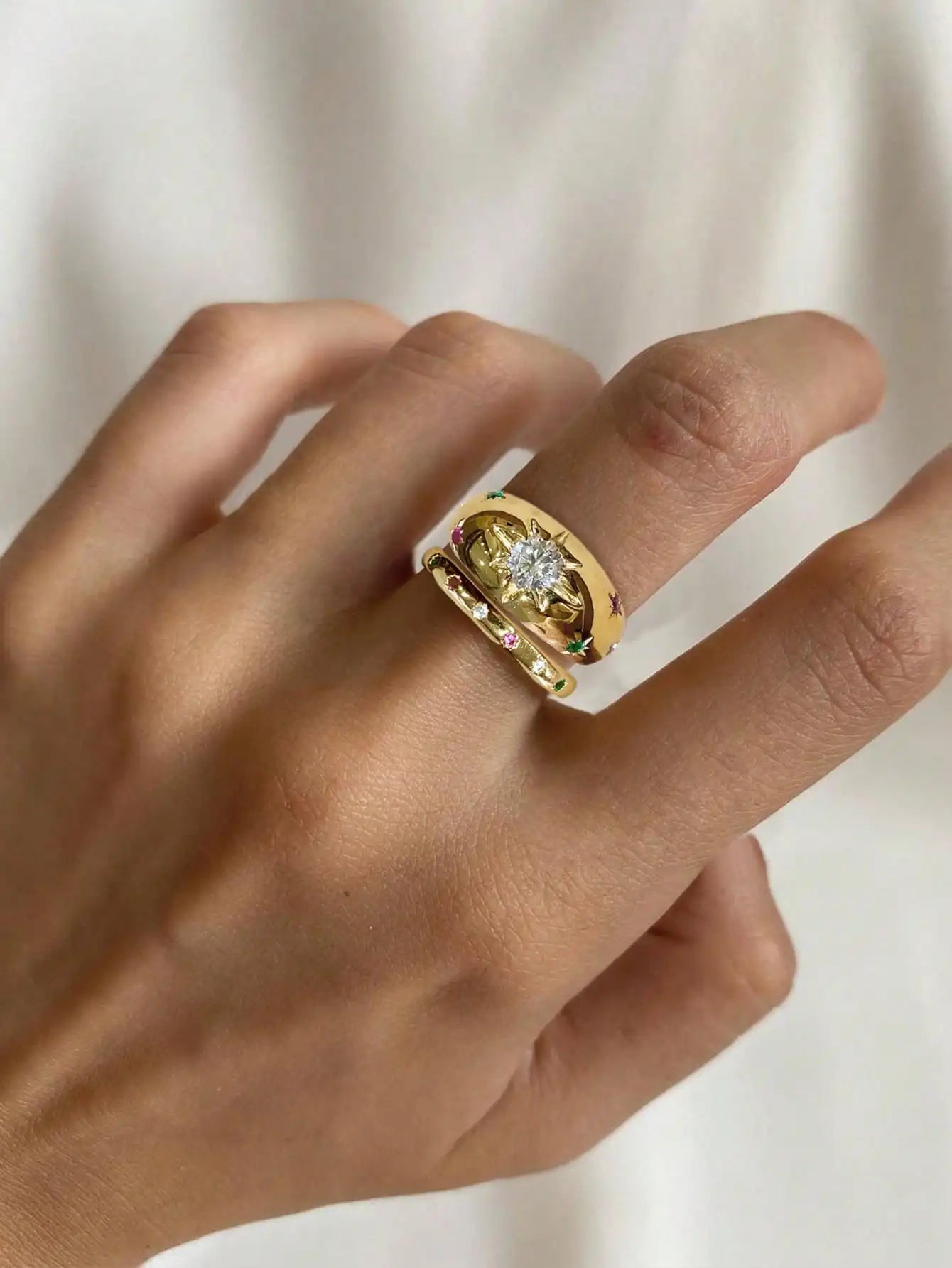2pcs/Set Colorful Cubic Zirconia Gold-Tone Waterproof Star Rings Set, Jewelry Gift  double rings for friend  jewelry Y2k fashion