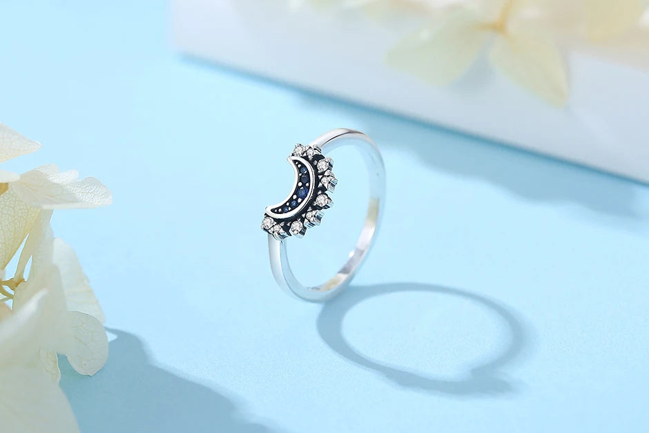 Original 925 Sterling Silver Rings Sun Moon Star Pave CZ Gold Color Stackable Ring For Women Engagement Gift Jewelry
