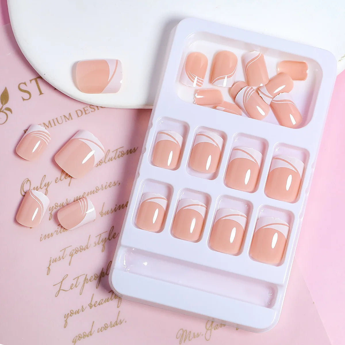 24pcs/set short square fake nails for women cute bride heart white french tips faux ongles y2k press on false nail supplies