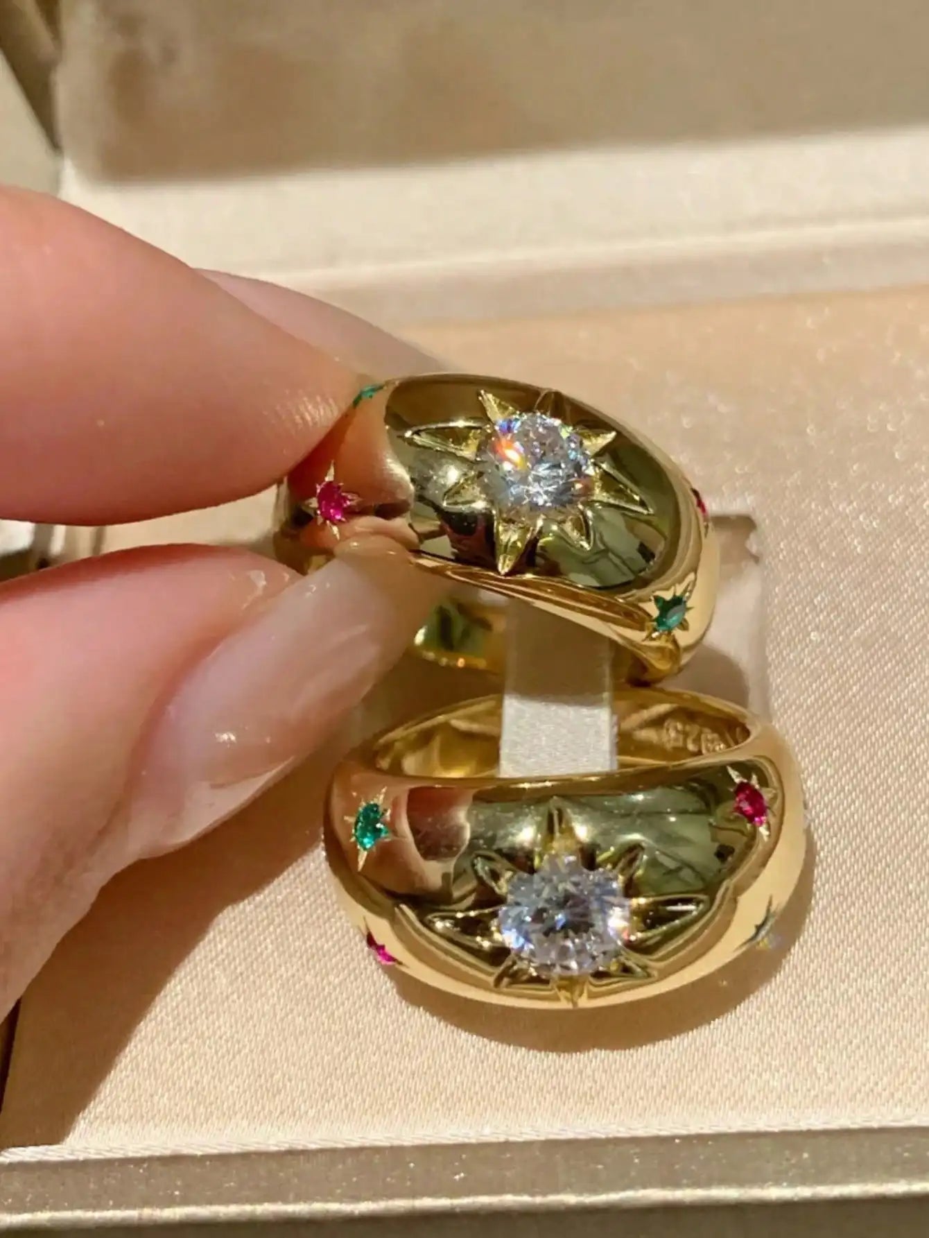 2pcs/Set Colorful Cubic Zirconia Gold-Tone Waterproof Star Rings Set, Jewelry Gift  double rings for friend  jewelry Y2k fashion