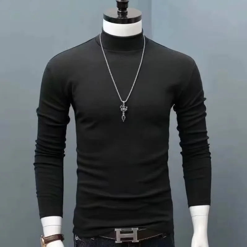 Fashion Men's Oversize High Collar Long Sleeves Autumn Winter Pure Thermal Shirt for Men Layering Stylish T-Shirt