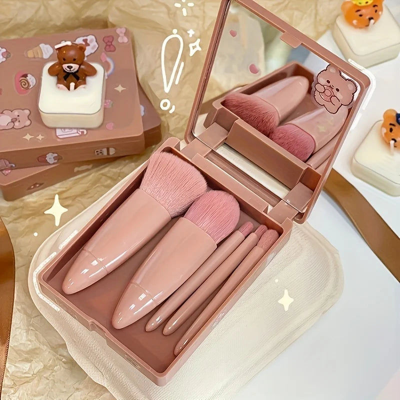 5-Piece Foldable Travel Makeup Brush Set with Mirror – Mini Portable Kit