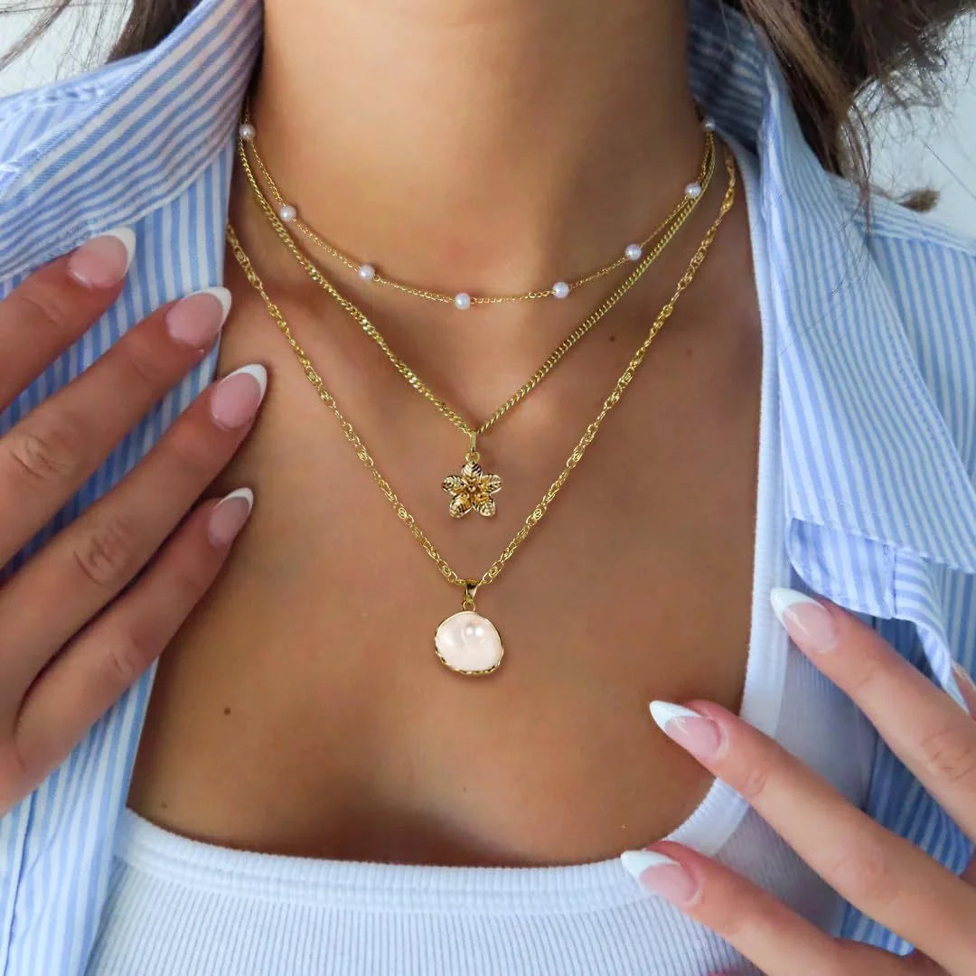 3-Piece Seashell Flower & Pearl Necklace Set – Summer Beach Jewellery Gift