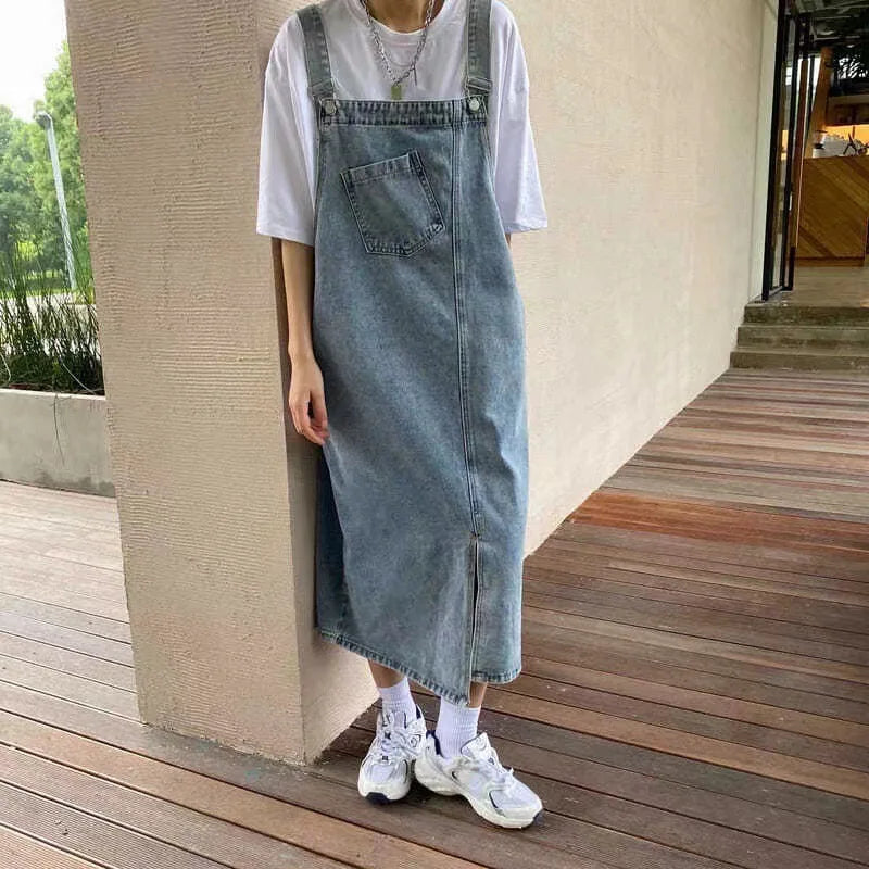 New Irregular Split Cowboy Denim Dress Women Sleeveless Jeans Dresses Fashion Female Solid  Casual Loose Strap Dresses