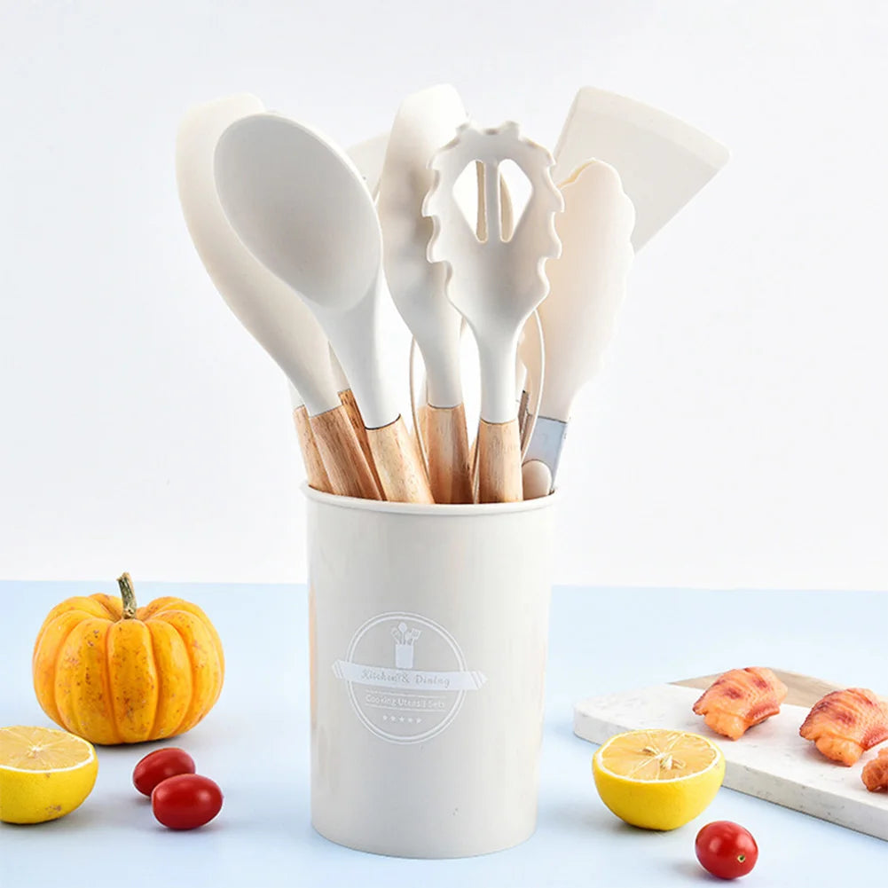 12Pcs Kitchen Utensil Set Cooking Tools Kit Wooden Handle Non-Stick Spatula Set Spatula Spoon Brush Whisk Kitchen Supplies