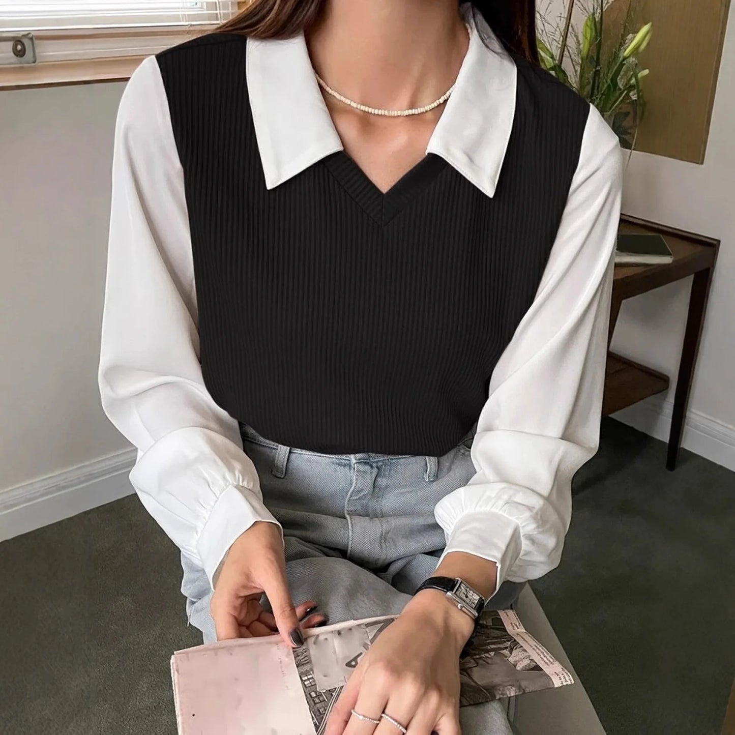 Women's Korean Style Polo Collar Blouse – Y2K False Two-Piece Loose Streetwear Top