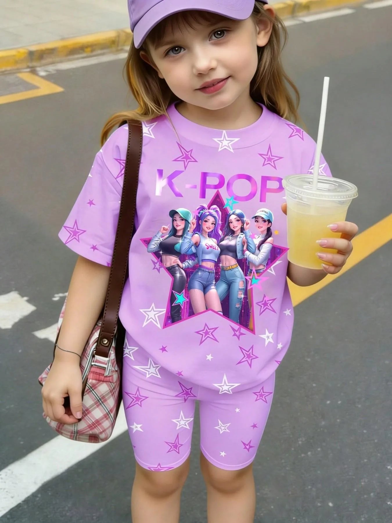 Kids Girls 2-Piece K-POP Star Print Short Sleeve T-Shirt & Biker Shorts Set Casual Streetwear Summer Daily Loungewear Outfit