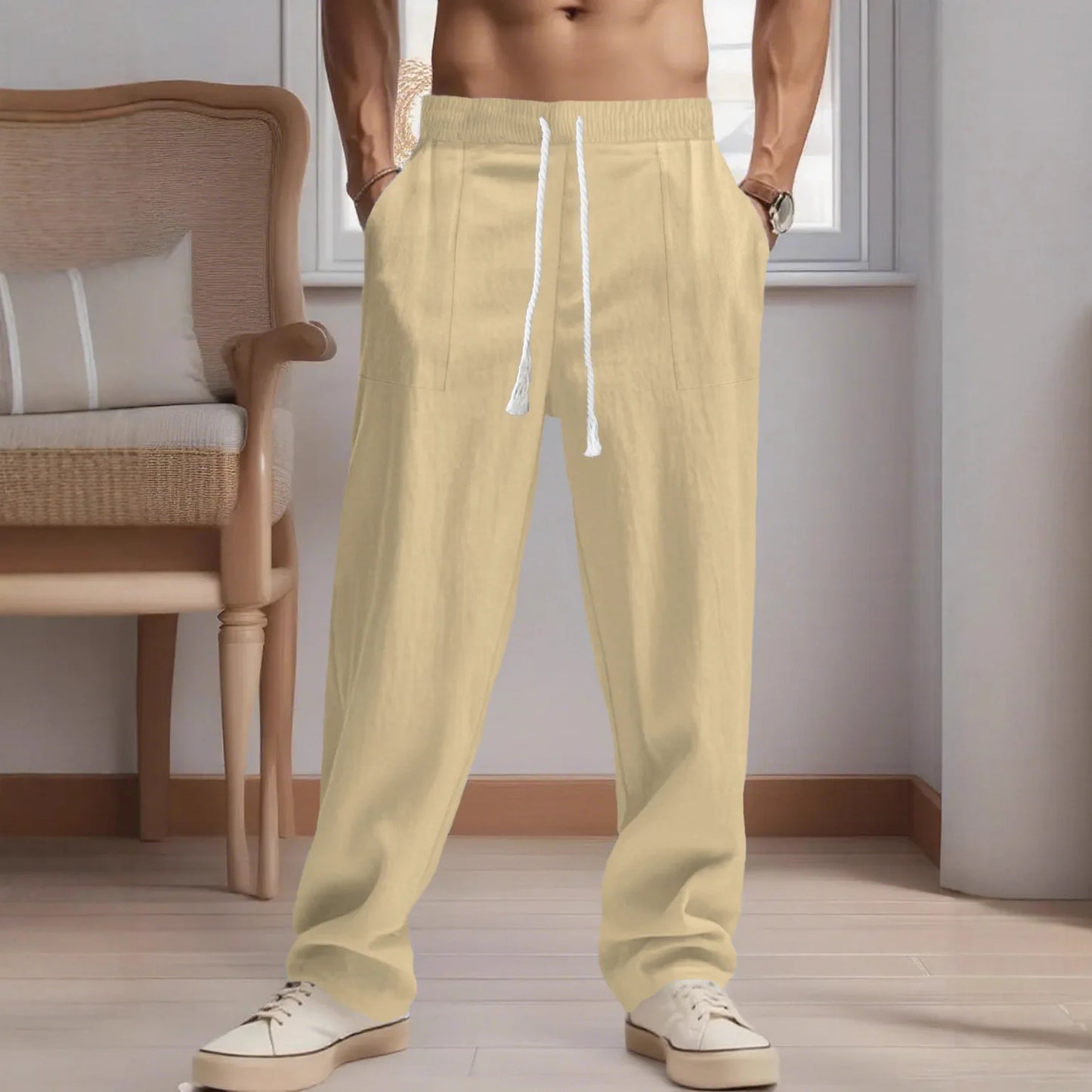 New men's Chinese-style solid-color cotton and linen pants for spring and autumn, with multiple pocket drawstring designs