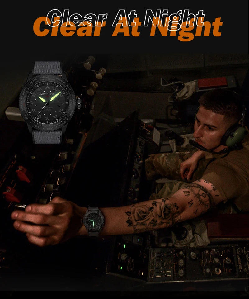 NORTH EDGE MACH Solar Power Quartz watch Men Waterproof 50M Men's Pilot Sports Wristwatches Luminous Enviormentally Clock