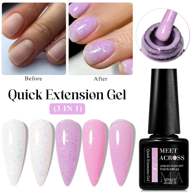 MEET ACROSS 7ml Quick Extension Gel Nail Polish Glitter Pink Gold Purple Milky White UV Gel Finger Prolong Varnish For Nails