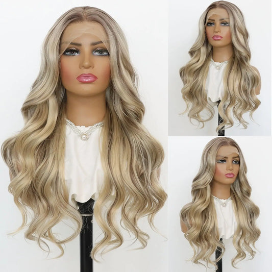 Blonde Highlight 13x4 Lace Front Synthetic Wig – Long Wavy Ombre Brown 24 Inch