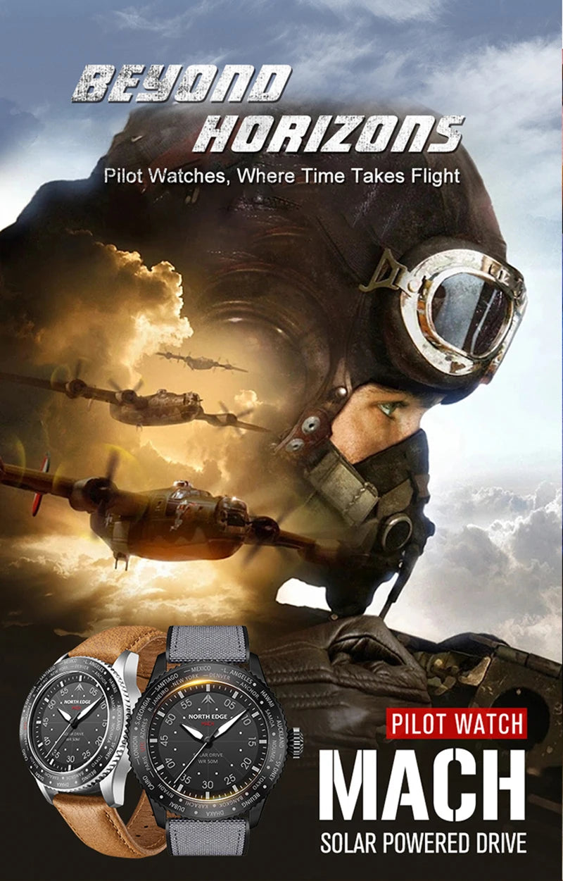 NORTH EDGE MACH Solar Power Quartz watch Men Waterproof 50M Men's Pilot Sports Wristwatches Luminous Enviormentally Clock