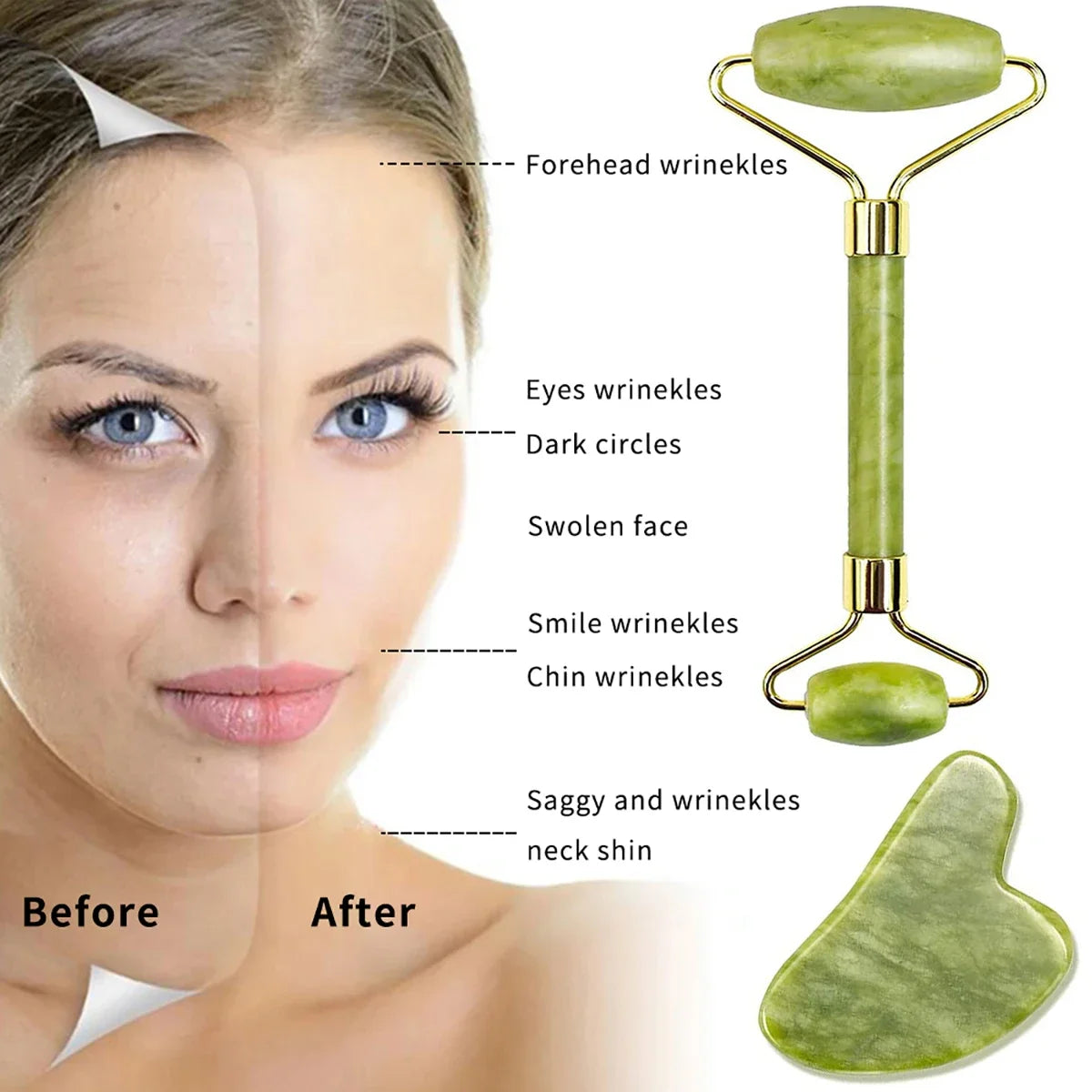 Jade Gua Sha & Face Roller Massage Set – Natural Stone SPA Skincare Tools