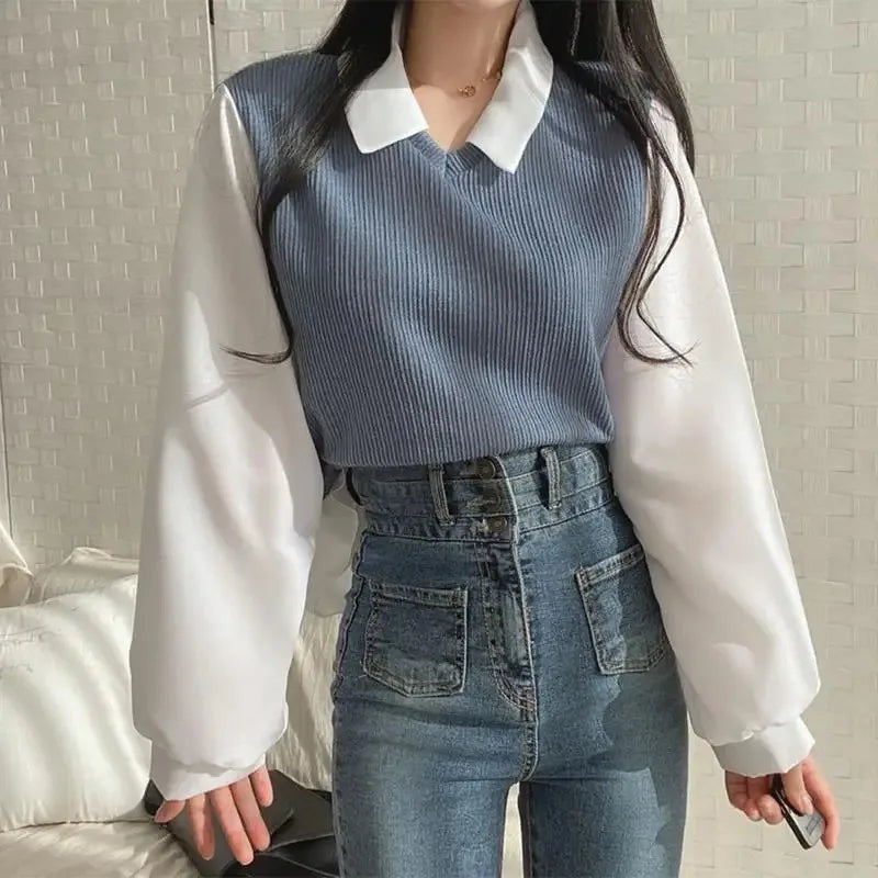 Women's Korean Style Polo Collar Blouse – Y2K False Two-Piece Loose Streetwear Top
