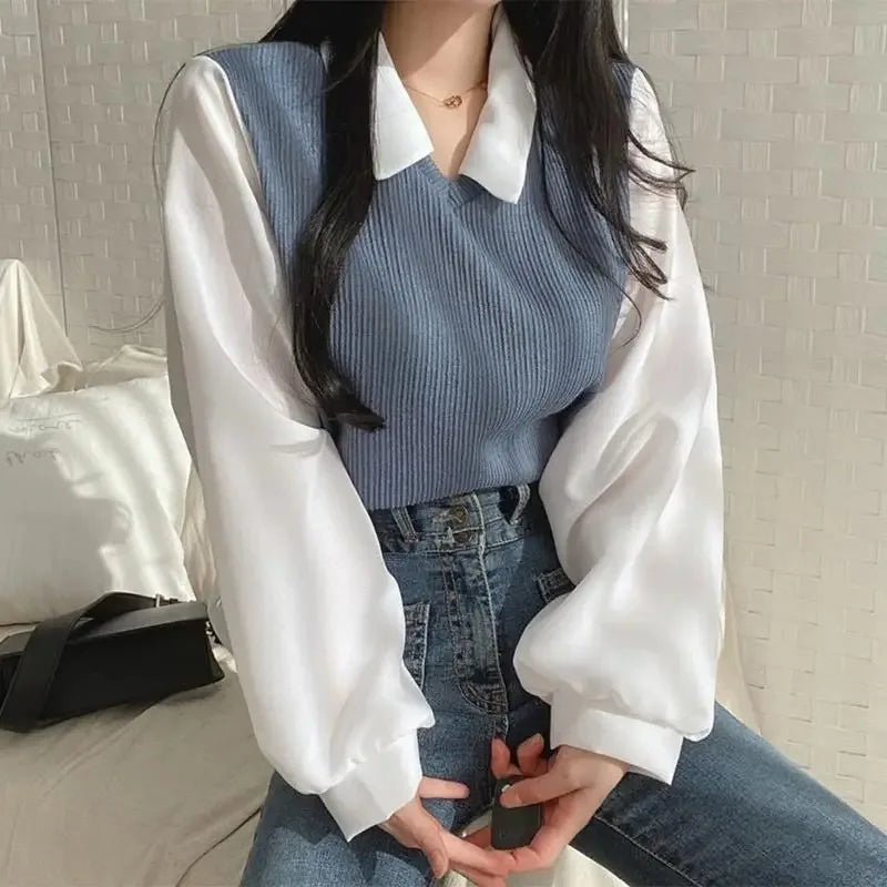 Women's Korean Style Polo Collar Blouse – Y2K False Two-Piece Loose Streetwear Top