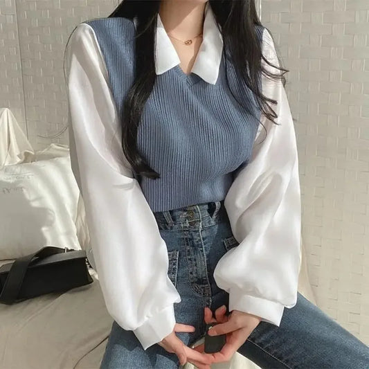 Women's Korean Style Polo Collar Blouse – Y2K False Two-Piece Loose Streetwear Top