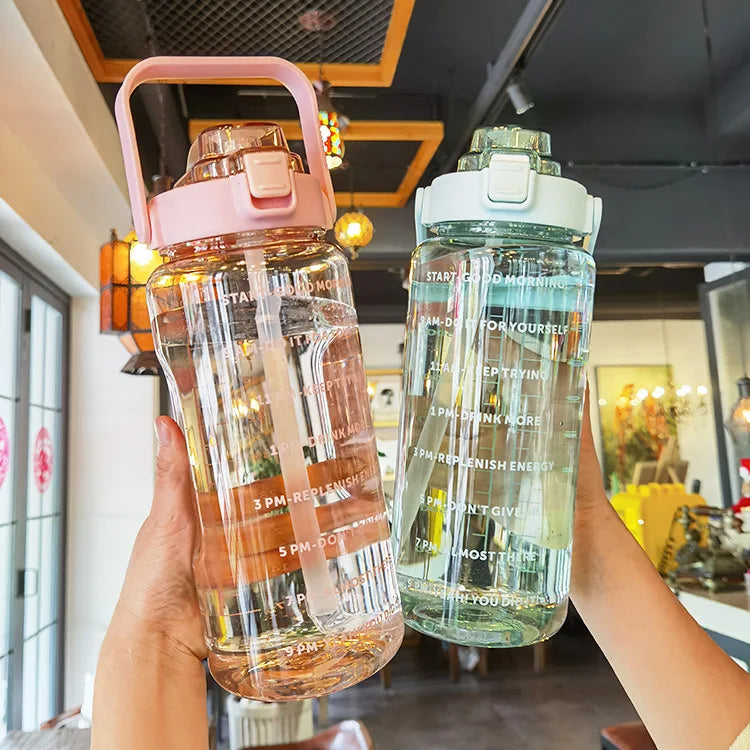 2-Litre Large Capacity Sports Water Bottle with Straw – Time Marker Fitness Jug