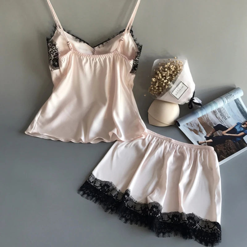 Women Pajama Suit Fashion V-Neck Stretch Satin Babydoll Lace Sexy Lingerie Pyjamas Sleep Shorts Set Sleepwear New