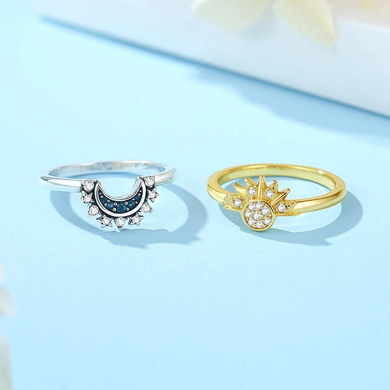 Original 925 Sterling Silver Rings Sun Moon Star Pave CZ Gold Color Stackable Ring For Women Engagement Gift Jewelry