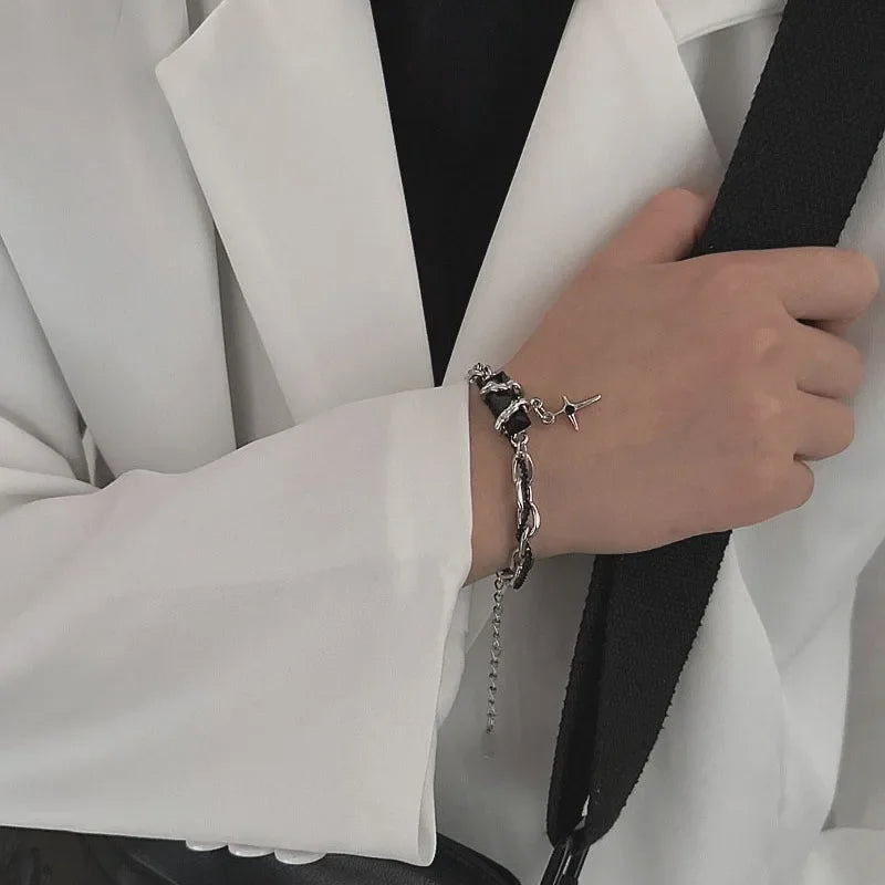 Men Bracelet 2024 Retro Black Zircon Star Chain Women Stainless Steel Punk Bracelets on Hand Unisex Jewelry Couple Accessories
