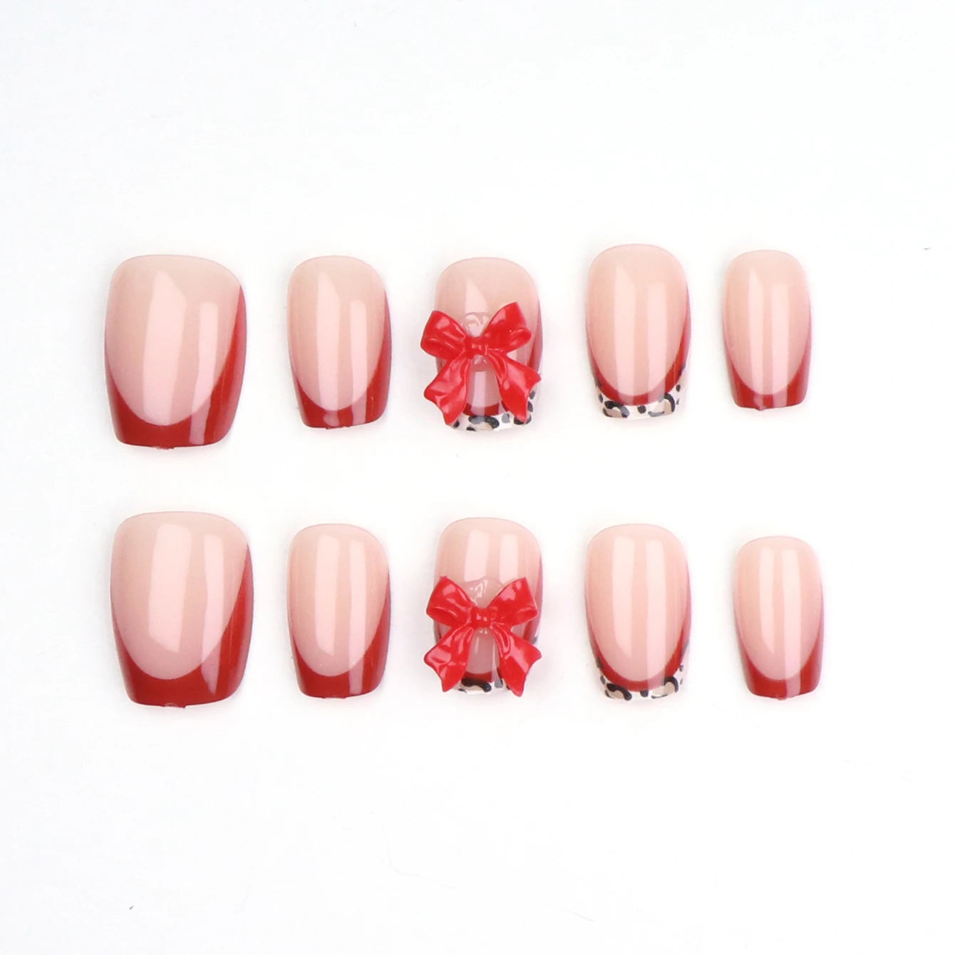 10-Piece Leopard Print Red Bow Press-On Nails – Short Square Glossy Acrylic False Nails