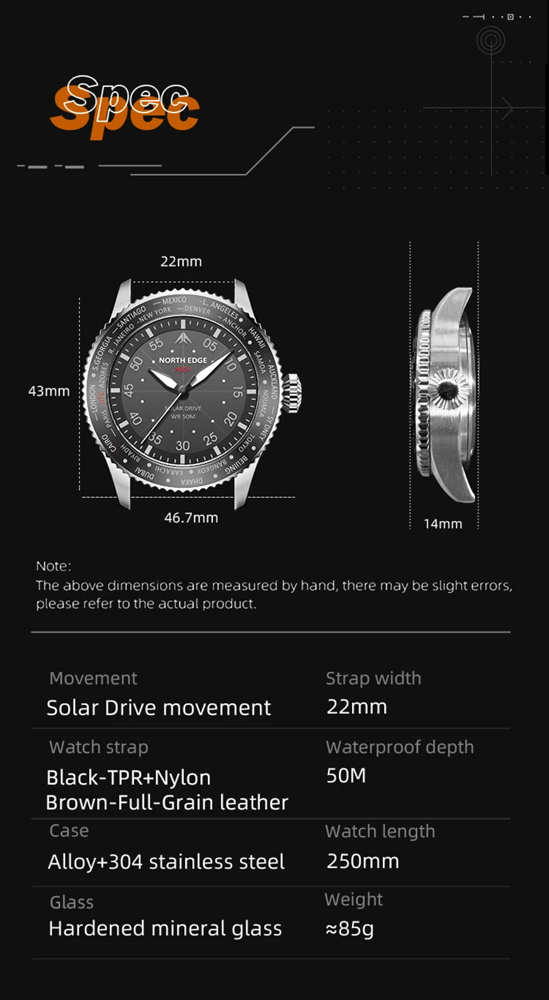 NORTH EDGE MACH Solar Power Quartz watch Men Waterproof 50M Men's Pilot Sports Wristwatches Luminous Enviormentally Clock