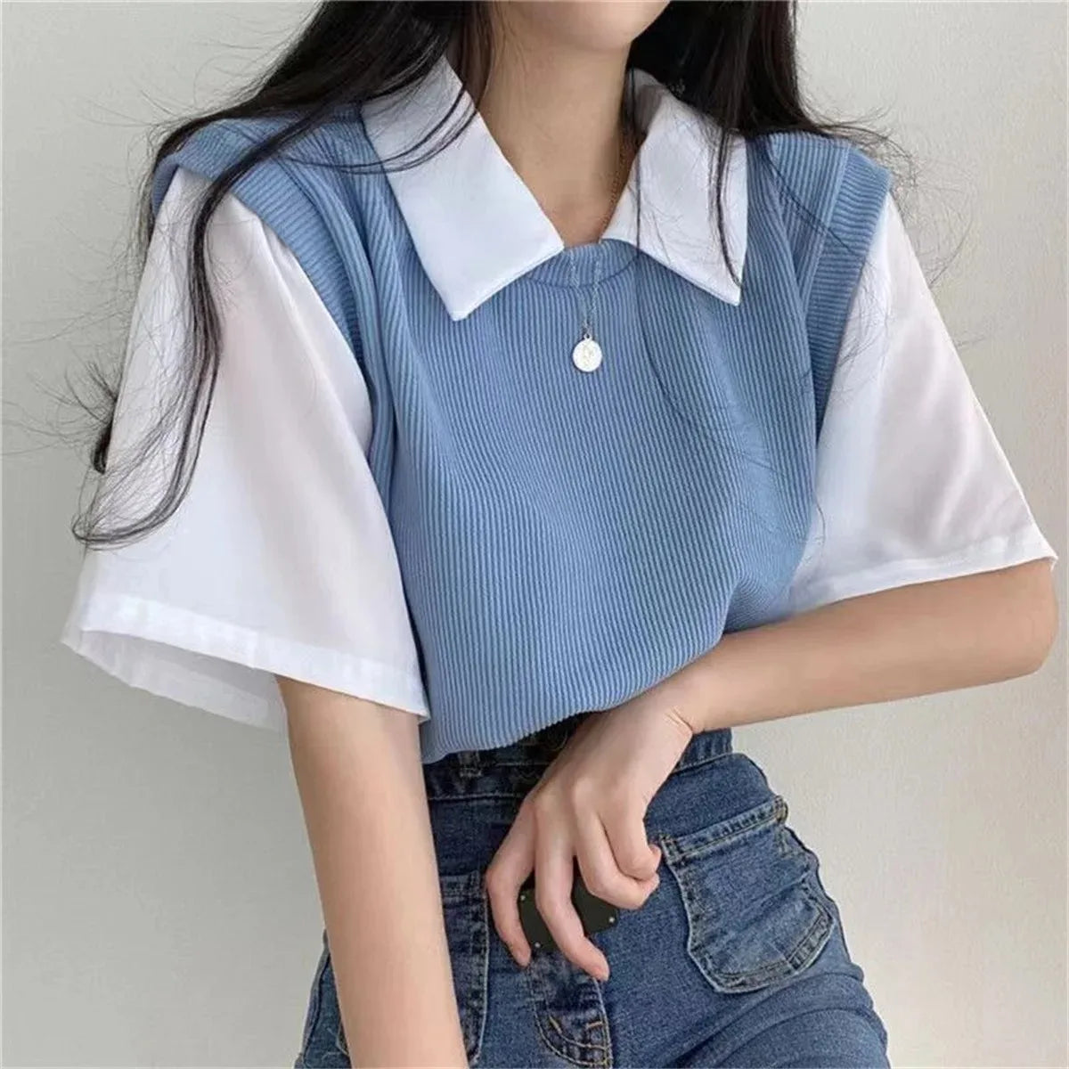 Women's Korean Style Polo Collar Blouse – Y2K False Two-Piece Loose Streetwear Top