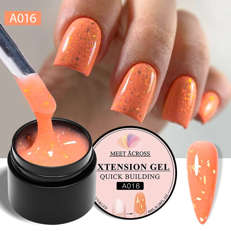 MEET ACROSS 8ml Gold Foils Quick Extension Gel Nail Polish Pink Nude Orange Glitter Finger Prolong Nail Art UV Hard Gel Nails
