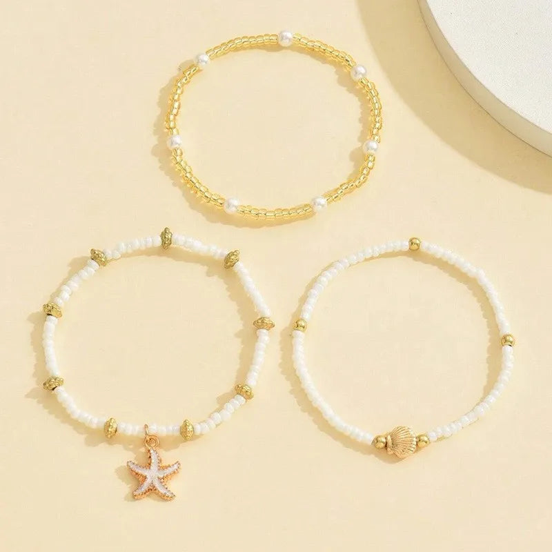 Bohemian Starfish & Shell Ankle Bracelet – 3-Layer Beaded Beach Foot Jewellery