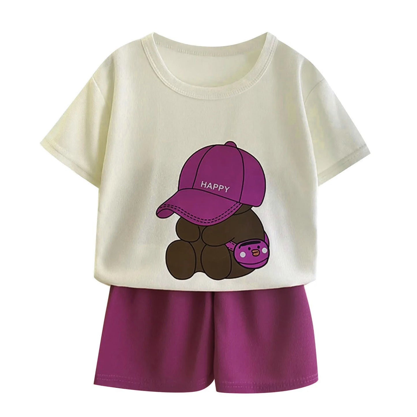 Children Boys 2pcs Tracksuits Cotton Bear Printed Short Sleeves+Shorts Kids Boys Outfits Loose Round Collar Little Boys Tee Suit