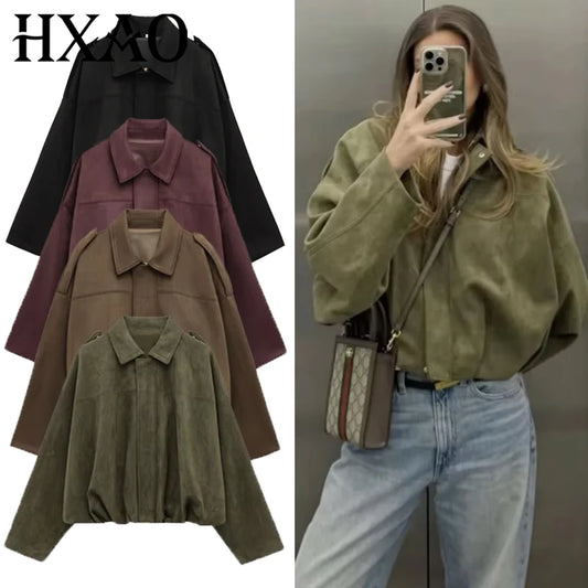 HXAO Women's Suede Bomber Racing Jacket – Lapel Zipper Cropped High Street Outerwear