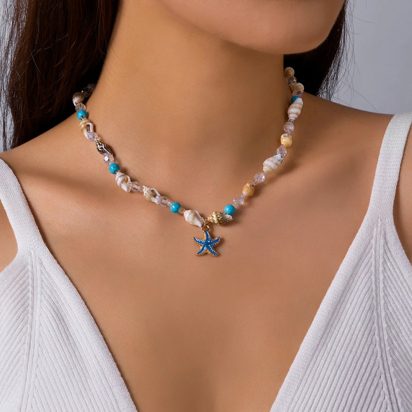 Handmade Seashell Beaded Choker – Starfish Pendant Ocean Inspired Necklace