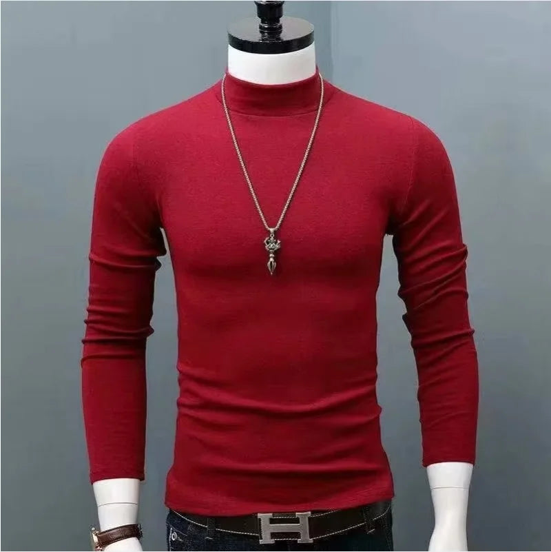 Fashion Men's Oversize High Collar Long Sleeves Autumn Winter Pure Thermal Shirt for Men Layering Stylish T-Shirt