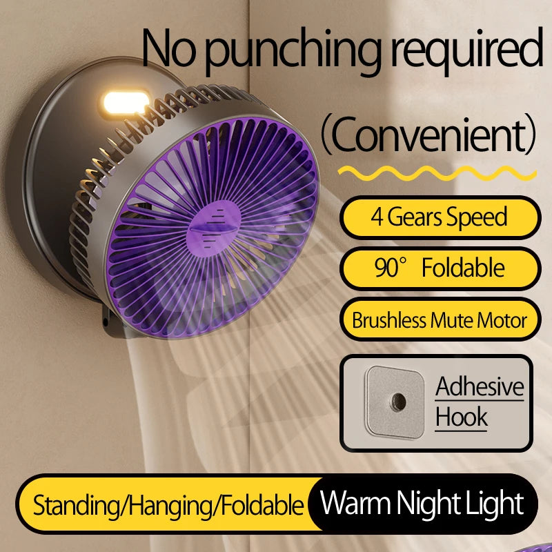 Rechargeable 3-in-1 Portable Fan with Night Light — Wall Mount, 90° Fold, 4 Speeds