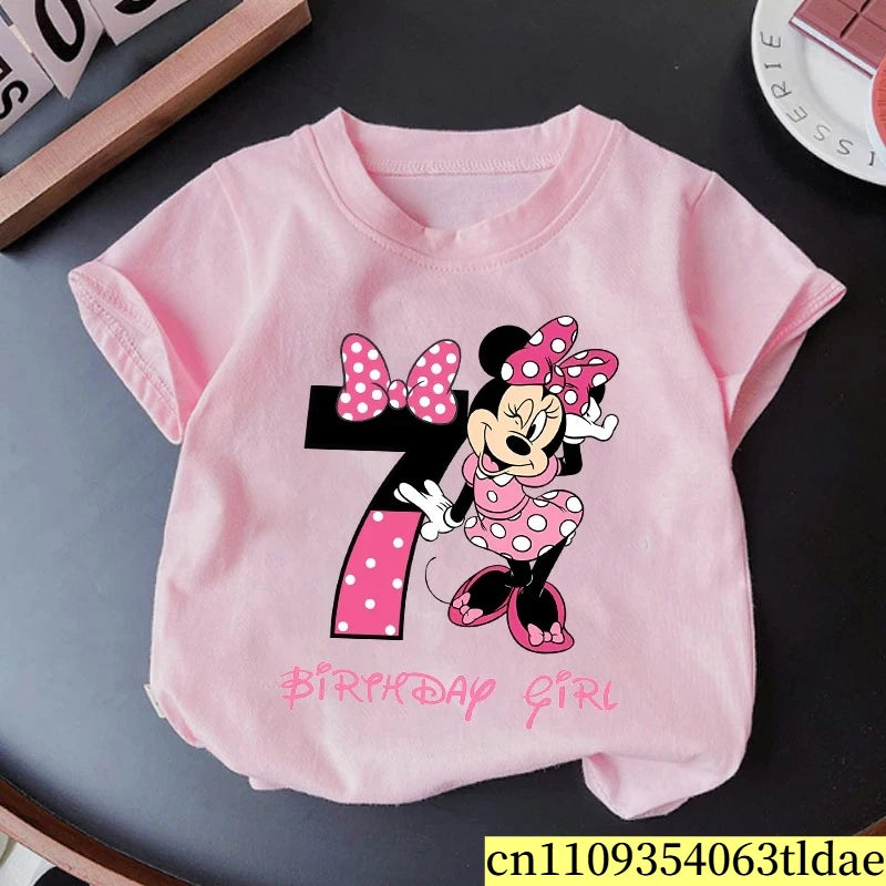 Minnie Mouse Girl Number T Shirt Pink Birthday Party Clothes Cartoon Toddler Cotton Tops Cute Short Sleeve Tees Kids Gift