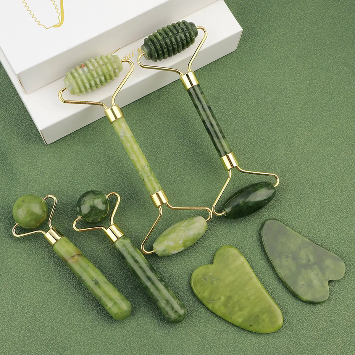 3-in-1 Jade Roller & Gua Sha Set – Eye Massager, Ridged Scraper & Face Roller