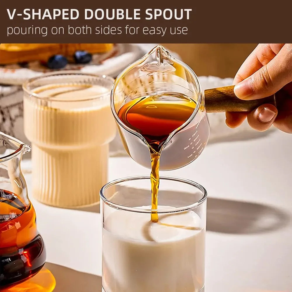 Glass Espresso Measuring Cup with Wooden Handle – Single & Double Shot Jug