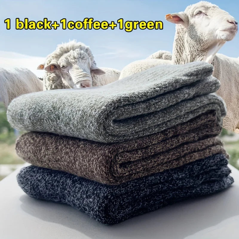 3 Pairs Men's Winter Warm Socks, Thick Towel Mid-Calf Socks, Anti-Cold Snow Boots Socks Elastic Solid Color