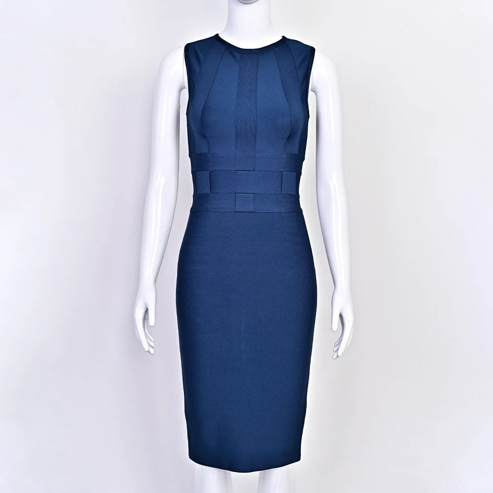 BEAUKEY 2025 New Trendy Vintage Woven Evening Bandage Dress Navy Blue Party Bodyon Dress Women Luxury Celebrity Elegant Dresses