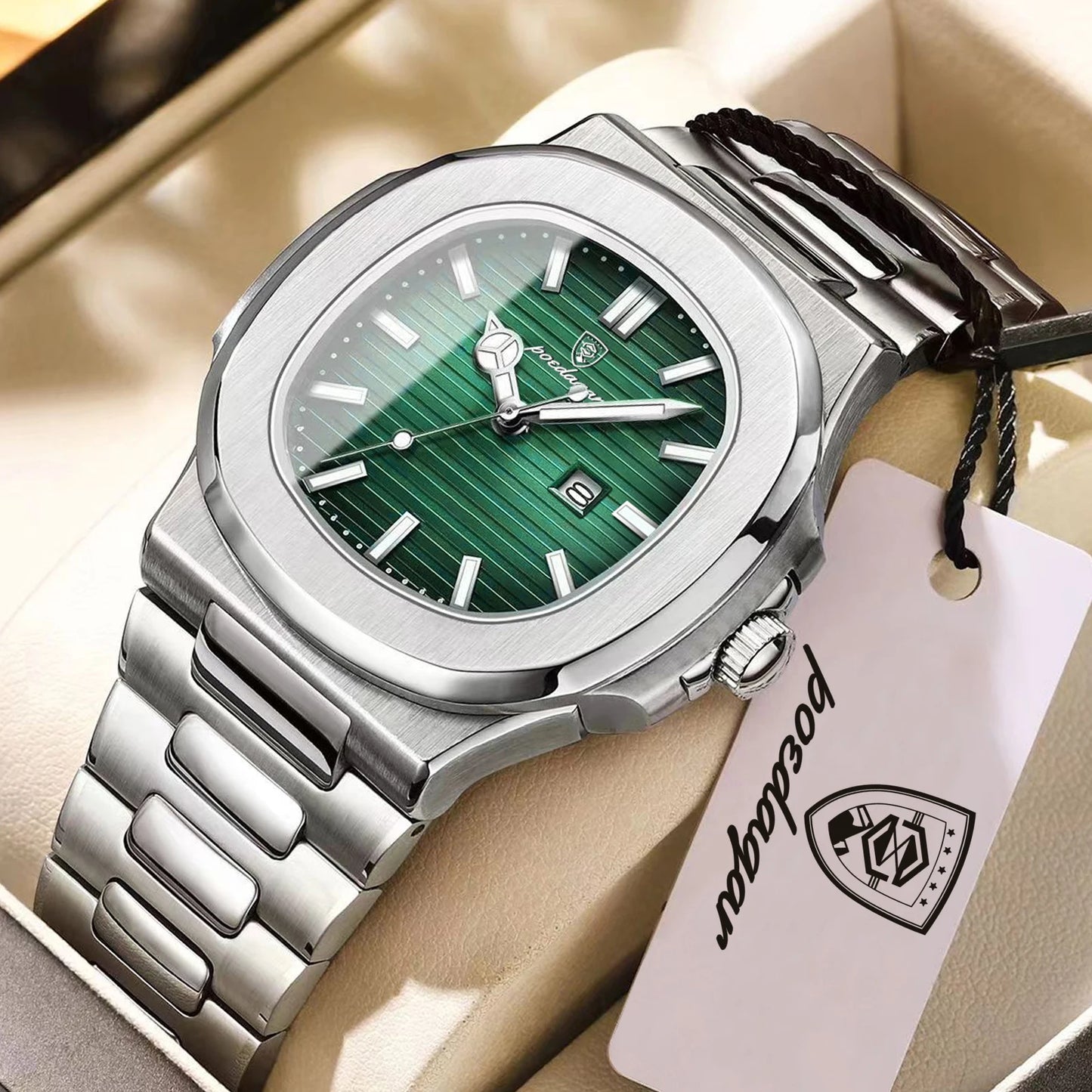 POEDAGAR Luxury Square Men Wristwatch Waterproof Luminous Date Stainless Steel Sports Male Clock Business Quartz Watches For Men