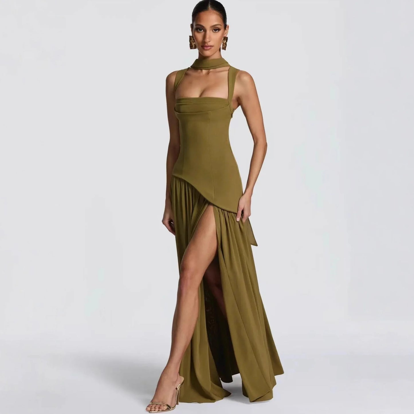 Elegant Off-shoulder Strapless Sexy Summer Party Women Gown Patchwork Pleat Scarf Neck Holiday Evening High Split Long Dresses